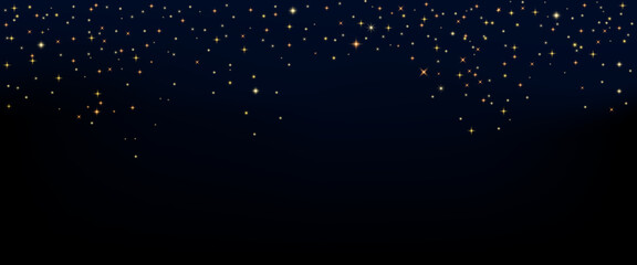 Stars glitter background. Shimmer spray effect for celebration banners. Shiny stardust light texture. Festive night sky particles isolated on dark background. Vector overlay illustration.