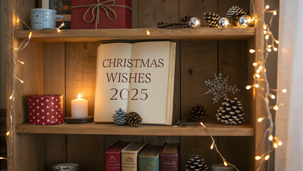 Christmas background image showing cozy wooden bookshelf with books, candle, pinecones, fairy lights, and Christmas Wishes 2025 message.
