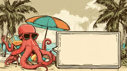 Retro 60s Cartoon Travel Ad Featuring an Octopus Lifeguard on a Sunny Beach With Palm Trees