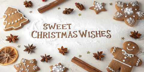 Christmas background image showing gingerbread cookies, spices, dried oranges, and centered Sweet Christmas Wishes text on white surface.
