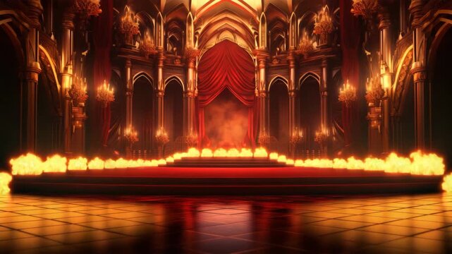 Dramatic golden throne room with fire burning