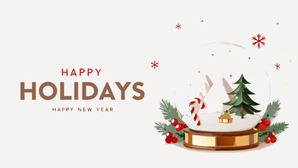 Festive happy holidays and happy new year greeting card featuring a charming snow globe with christmas tree and candy canes
