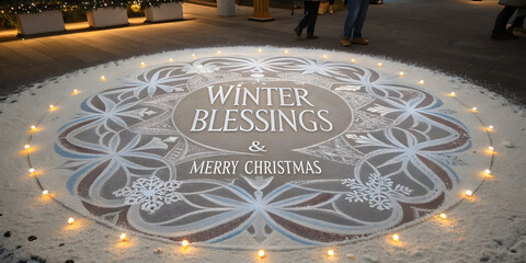 Christmas background image featuring circular snowflake floor design with candles, elegant Winter Blessings text, and nighttime festive ambiance.
