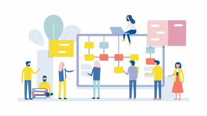 Diverse team collaborates on a colorful flowchart brainstorming ideas and planning projects with a laptop and stacks of books