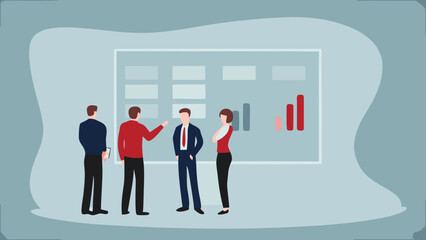 Diverse team of professionals collaborating and discussing business strategy in a modern office setting with a presentation board