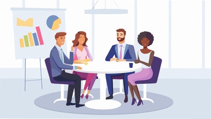 Diverse business team collaborates around a table with a presentation chart in a modern office setting discussing strategy and growth