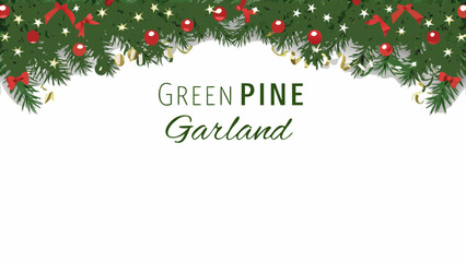 Festive green pine garland with red ornaments and gold ribbons for holiday decorations