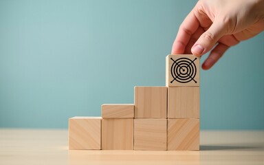Male hand arranges a wooden block staircase with target icon. Achieving goals and objectives or goal setting. High quality