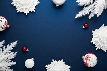 Merry Christmas and Happy Holidays greeting card, frame, banner. New Year. Noel. White red...