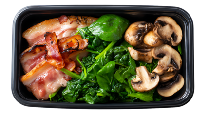 Healthy meal prep container with bacon, spinach, and sauteed mushroom isolated on transparent background