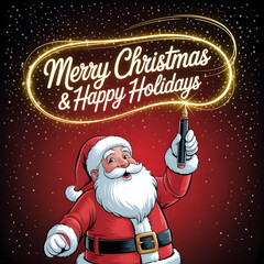 Christmas background image showcasing cheerful Santa writing glowing neon Merry Christmas message surrounded by golden ring against red backdrop.
