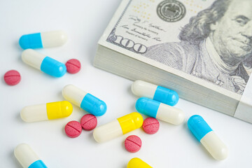 Pills on money dollars, Medicine prescription drugs cost concept, healthcare expenses