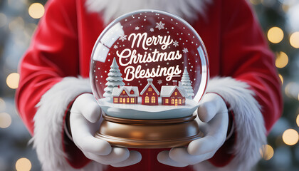 Christmas background image showing Santa gently holding crystal snow globe displaying miniature snowy village with Merry Christmas Blessings script.
