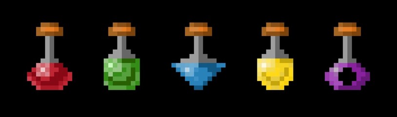 Pixel art illustration 8bit five small potion bottles icons set and the liquids are colored magic alchemy elixir red, green, blue, yellow, and purple. for retro-style game assets, stickers and icons