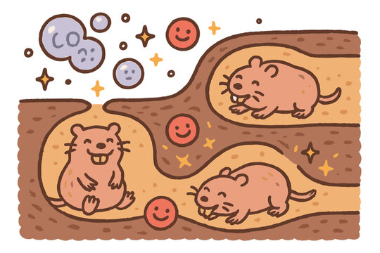 Cheerful Mole-Rats Tunnels. Cheerful doodle oxygen deprivation tolerance scene with happy mole-rats in tunnels, cartoon bubbles