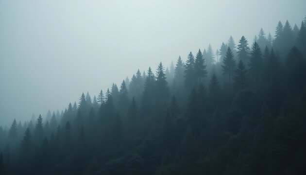 Dramatic Fir-Tree Forest Background with Fog and Gray Sky Atmosphere