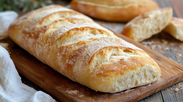 Artisanal Loaf of Golden Crusty Bread on a Wooden Board A Rustic Bakery Delight
