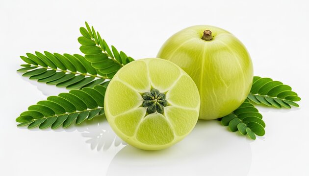 Fresh indian gooseberry, amla fruit with green leaves, healthy