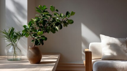 Interior scene with house plants on a wooden table near a light colored sofa cushion
