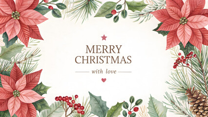 Christmas background image adorned with watercolor poinsettias, pine elements, and soft holiday florals framing heartfelt festive greetings with elegance.