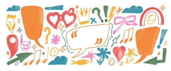 Crayon speech bubbles and funky quote boxes for happy designs. Irregular clouds and callouts look like children’s drawings. Vector cheerful doodle set in red, pink, and yellow with messy noise texture