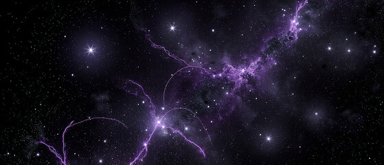 A vivid star cluster with glowing purple cosmic filaments, visualizing galactic connections and the vast expanse of outer space.