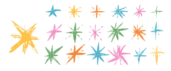 Colorful hand drawn stars. Crayon twinkles spark set. Oil pastel scribble twinkles collection. Kids paint stickers blinks. Christmas childish blue, pink simple. Vector asterisk isolated no background.