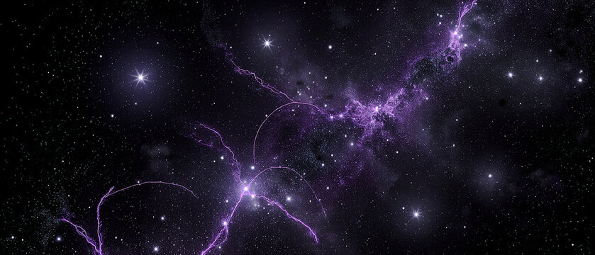 A vivid star cluster with glowing purple cosmic filaments, visualizing galactic connections and the vast expanse of outer space.