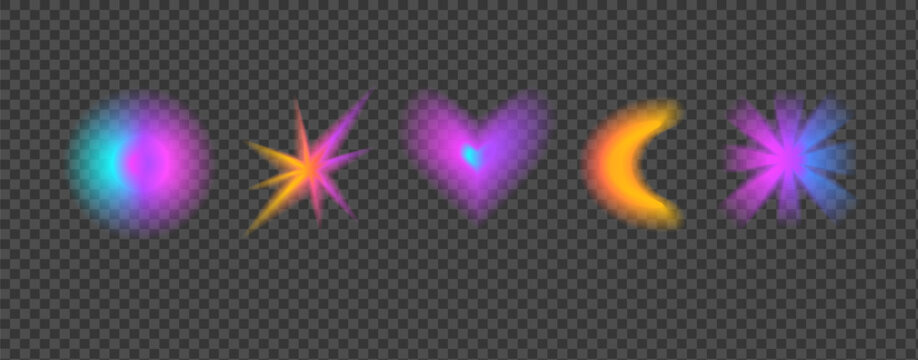 Y2K-inspired gradient heart, spark elements with holographic blur, smooth fade transitions. Vibrant transparent shapes featuring soft mesh effects, neon glow and retro aesthetic no bg. Aura gradation.