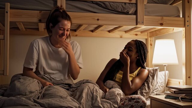 Two Women Chatting and Laughing While Sitting in Bed at Night