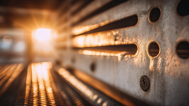 lose-up of rusted metal ventilation grill surface with screws in bright golden sunlight flare. Concept of industrial texture, HVAC, or heat energy.