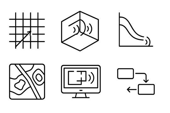 Acoustic Simulation Icons. Line style icons of Acoustic Simulation and Modeling: sound ray tracing grid, 3D acoustic model, reverb