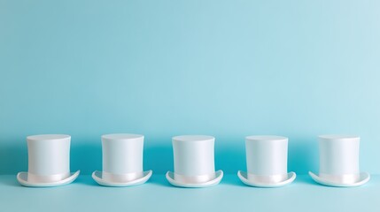 Horizontally arranged white top hats on light blue background - minimalist decor prop flat lay event material
