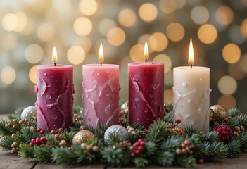 Four Advent candles with Christmas decorations isolated on blur bokeh background. 3d rendering.