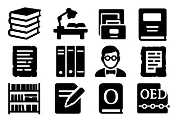 Oxford Dictionary Symbols. Solid style icons of the Oxford English Dictionary compilation: giant book stack, editorial desk,