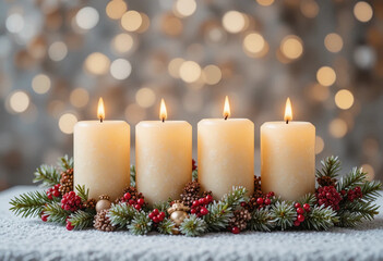 Four Advent candles with Christmas decorations isolated on blur bokeh background. 3d rendering.
