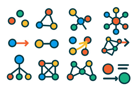 Network Visualization Icons. Flat vector icons of network visualization elements: nodes, connecting lines, clusters, hub, central