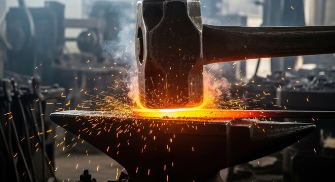 Blacksmith hammer striking glowing hot metal on an anvil, creating bright sparks in a workshop - Powered by Adobe
