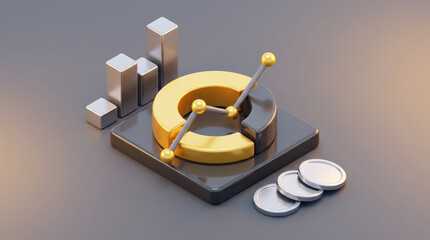 Abstract 3D isometric graph with bar charts pie chart segments a line graph and silver coins on a neutral background Gold Business Finance Data Statistics