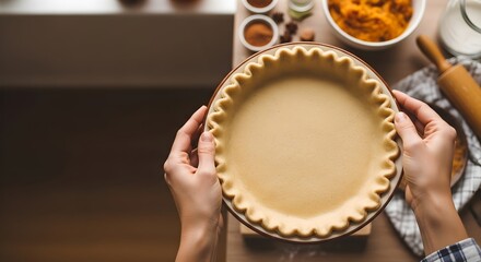 Hands preparing a homemade pie crust in a glass baking dish, with autumnal ingredients in the background, symbolizing the cozy joy of home baking and dessert creation