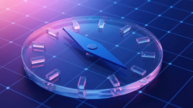A close up view of a modern digital compass with a blue needle pointing forward against a dark grid background illuminated by pink and blue light Navigation