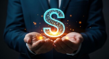 Businessman holding glowing letter S in hands, representing success and strategy.