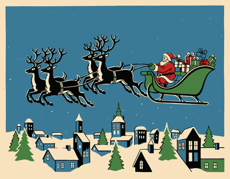 santa, claus, reindeer, flying, sleigh, city, town, village, snow, snowy, night, christmas, eve, holiday, festive, gifts, presents, winter, scene, illustration, drawing, retro, vintage, classic, graph