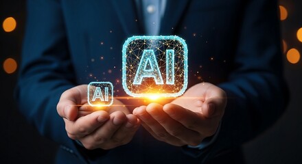 Businessman holding glowing AI icon in hands representing artificial intelligence technology.