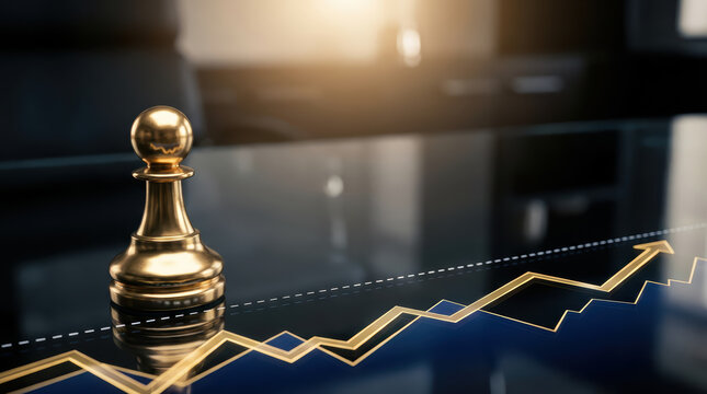 Golden pawn chess piece positioned on a reflective surface with a rising gold arrow graph overlay showing upward trend strategy success finance chart business