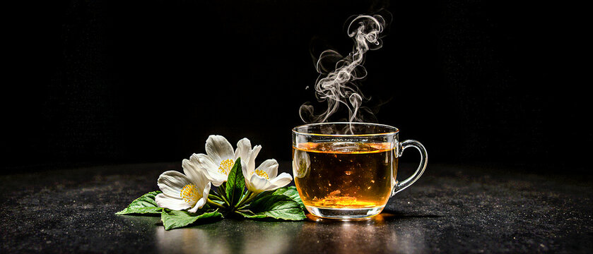 Delicate cup of jasmine tea with fresh jasmine flowers on a black background, highlighting elegance, freshness, and a calming tea experience.