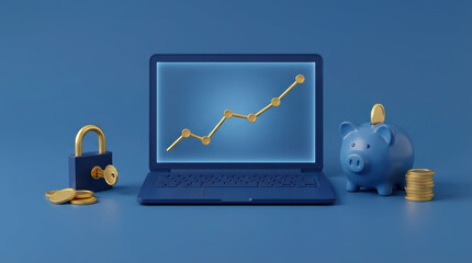 A blue laptop displays a golden line graph showing an upward trend next to a blue piggy bank with a golden coin a locked padlock with a key and stacked golden coins on a solid blue background