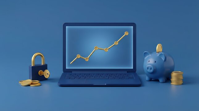 A blue laptop displays a golden line graph showing an upward trend next to a blue piggy bank with a golden coin a locked padlock with a key and stacked golden coins on a solid blue background