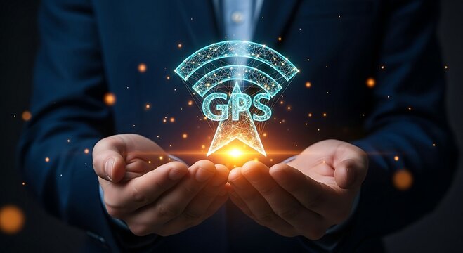 Businessman holding glowing GPS icon, global positioning system concept.