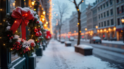 A snowy city street decorated with a Christmas wreath covered in snow, featuring a bright red bow and warm glowing lights
